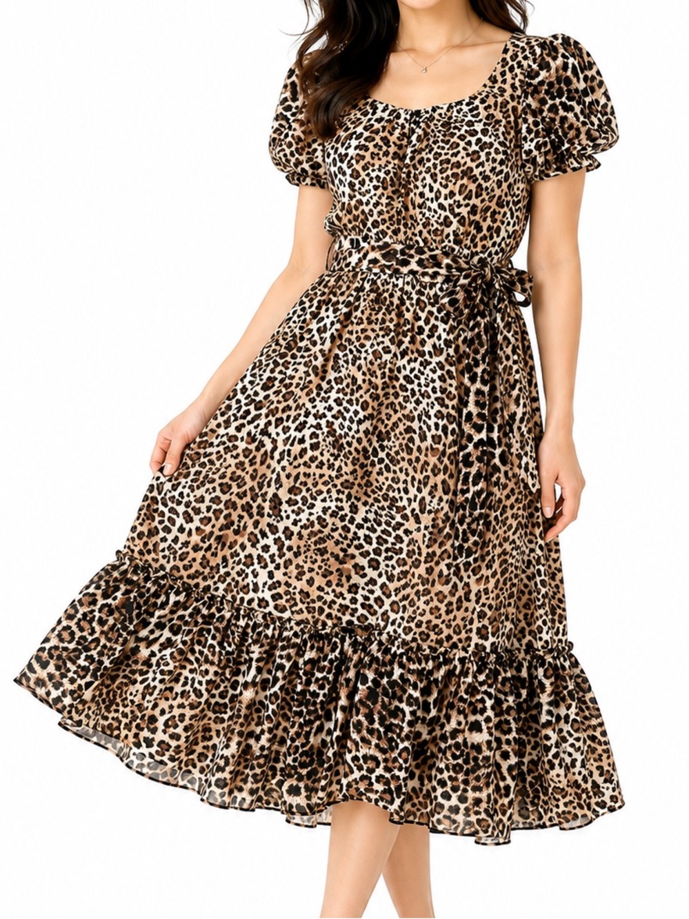 Leopard Print Puff Sleeve Midi Dress in Brown